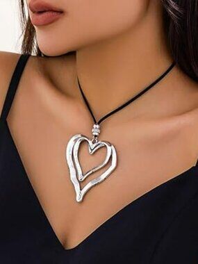 Lg Double Big Silver Love Heart Pendant Necklace Trendy Black Rope Chunky